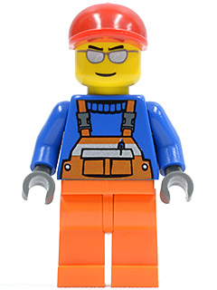 LEGO Minifigure-Overalls with Safety Stripe Orange, Orange Legs, Red Short Bill Cap, Silver Sunglasses-Town / City-CTY294-Creative Brick Builders